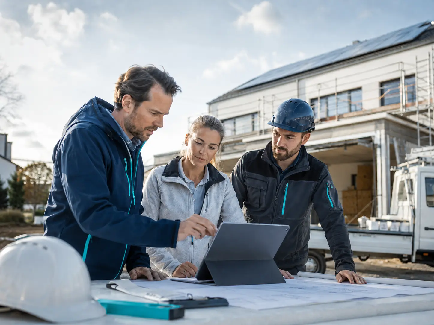 Auftraggeber und Bauleiter planen ein Bauprojekt mit Gerüstbauern
